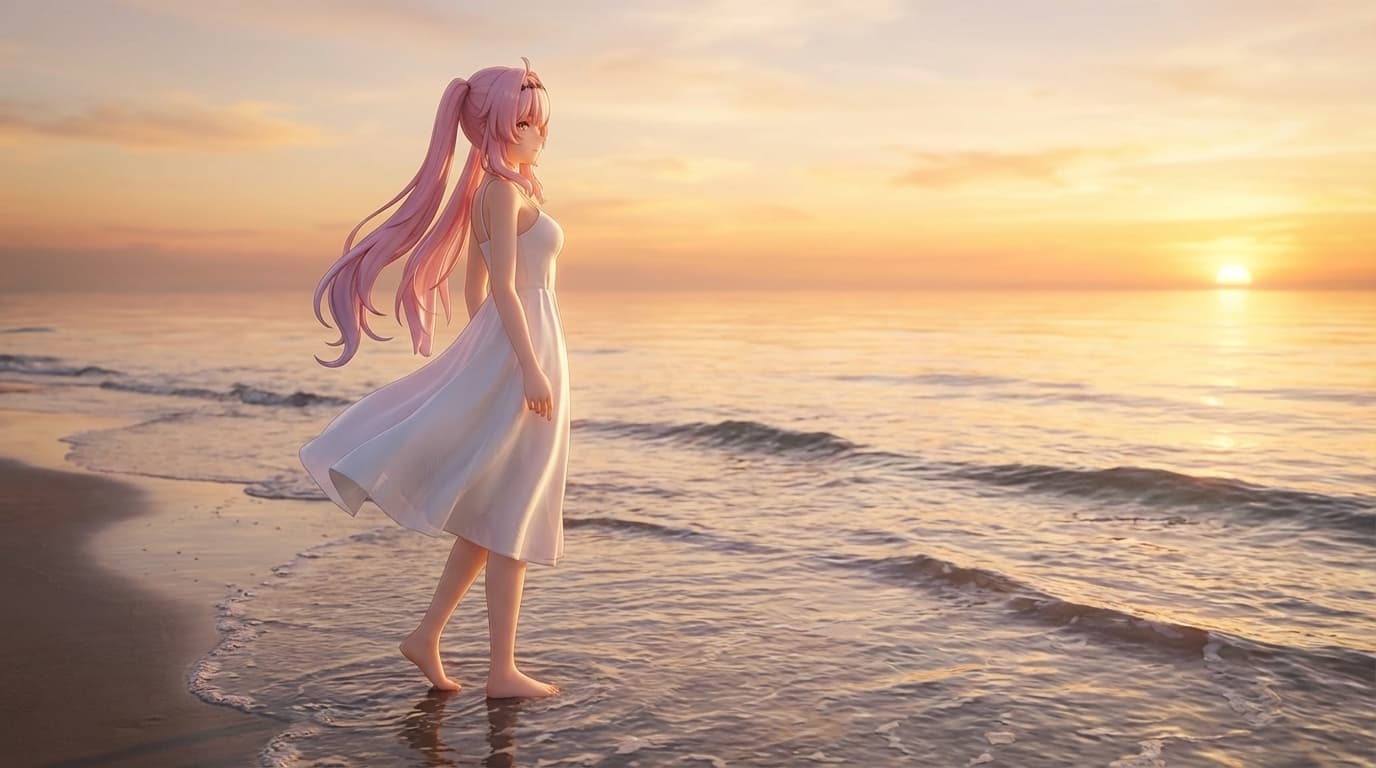 anime, detailed, somewhat gothic and whimsical, pink long, wavy, with bangs and side pieces framing