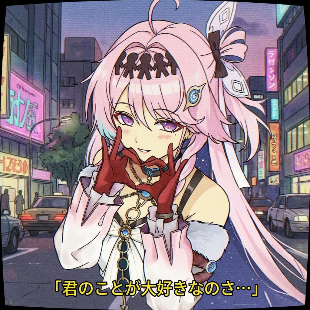 80年代末日本动画OVA截图,4:3,手绘赛璐璐质感。
主体/场景::(参考图)
画面:低保真粉彩、轻微褪色泛黄、粗糙线稿,怀旧都市氛围。
特效:CRT扫描线+轻微屏幕弯曲,VHS噪点/抖动/色溢