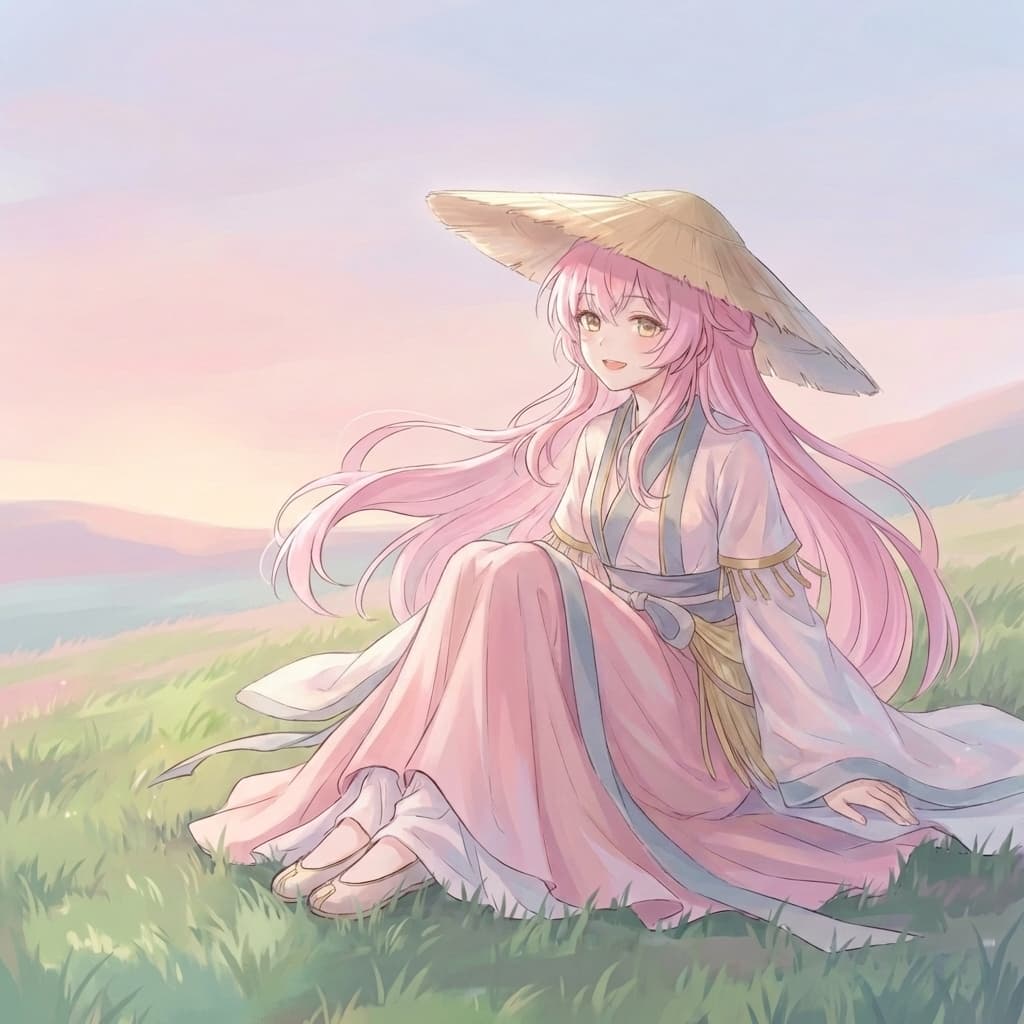 A digital illustration of a serene anime-style girl sitting on the grass with her hands resting behi